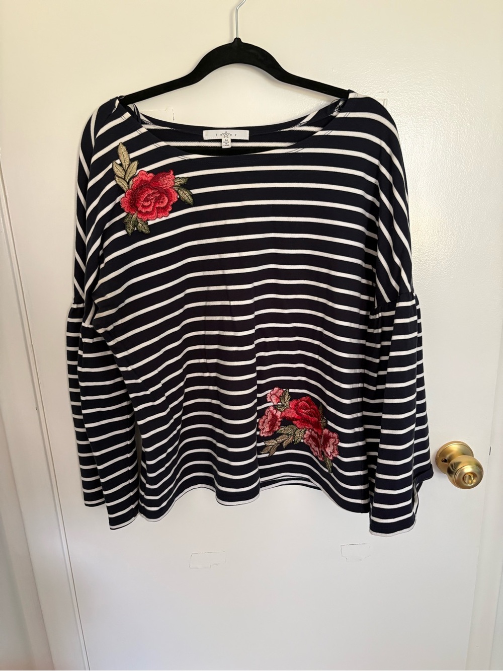 Fever Navy & White Striped Top with Red Floral Appliqué